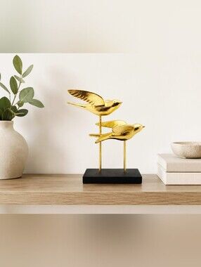 Gold-Tone Metal Two Flying Birds Sculpture on Black Base